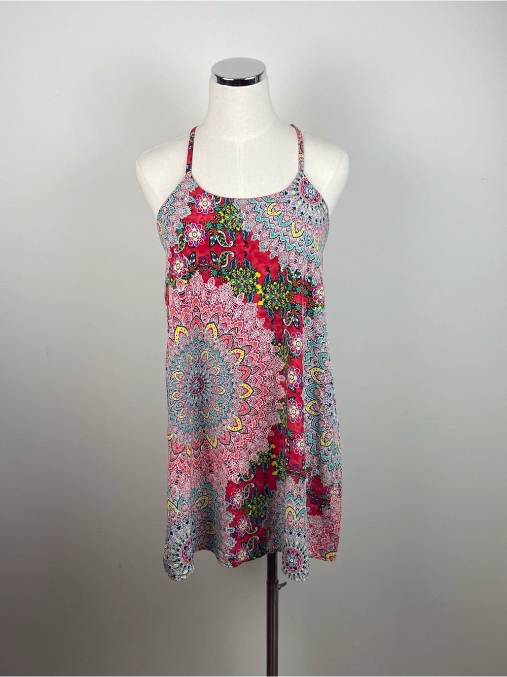 Lulus Red Yellow Blue Colorful Mandala Bohemian Spaghetti Strap Dress Small